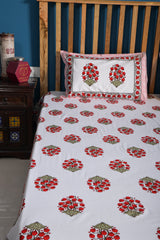Jaipuri Floral White And Red Superior Quality Queen Size Bedsheet