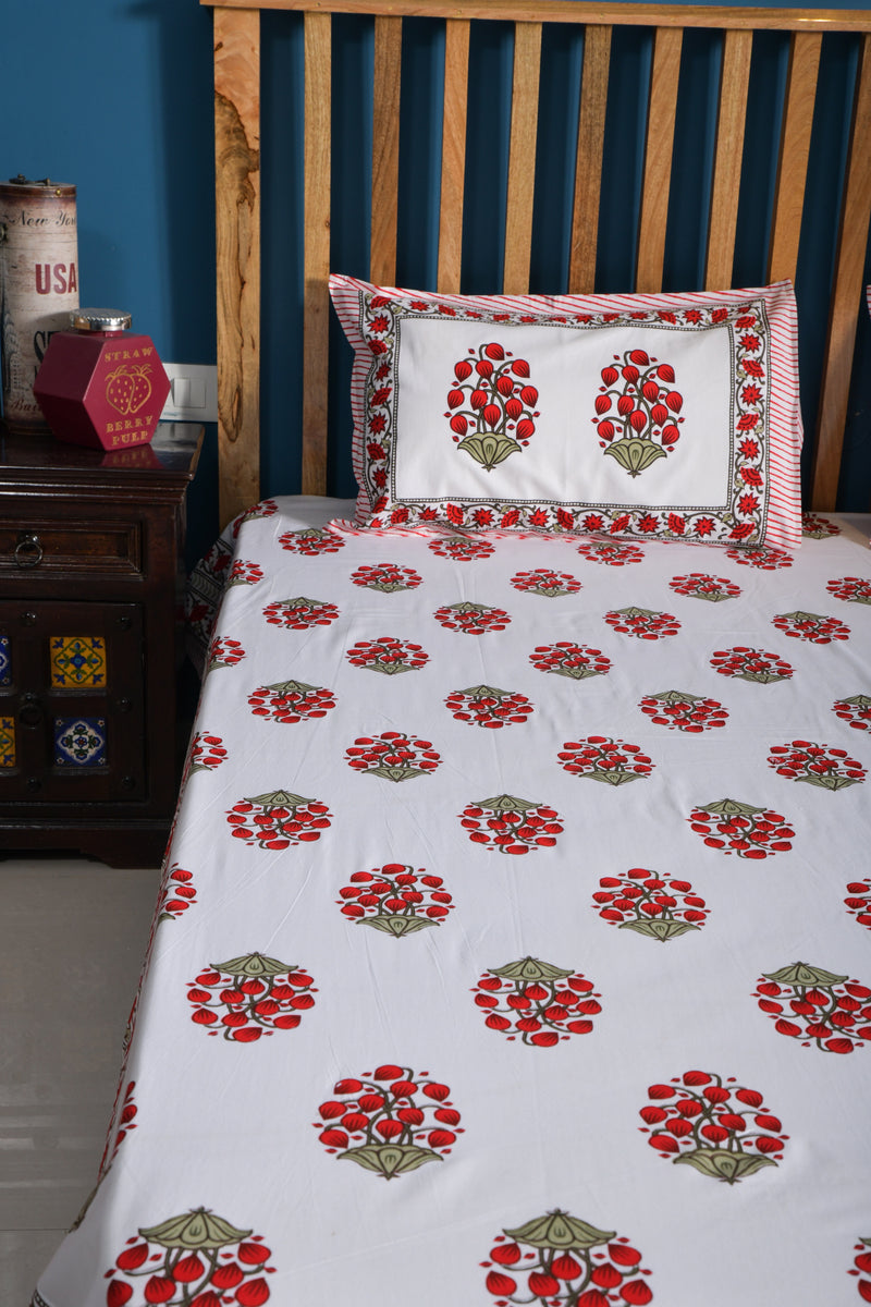 Jaipuri Floral White And Red Superior Quality Queen Size Bedsheet