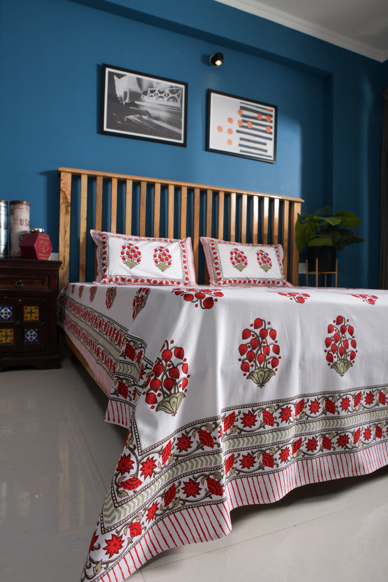 Jaipuri Floral White And Red Superior Quality Queen Size Bedsheet