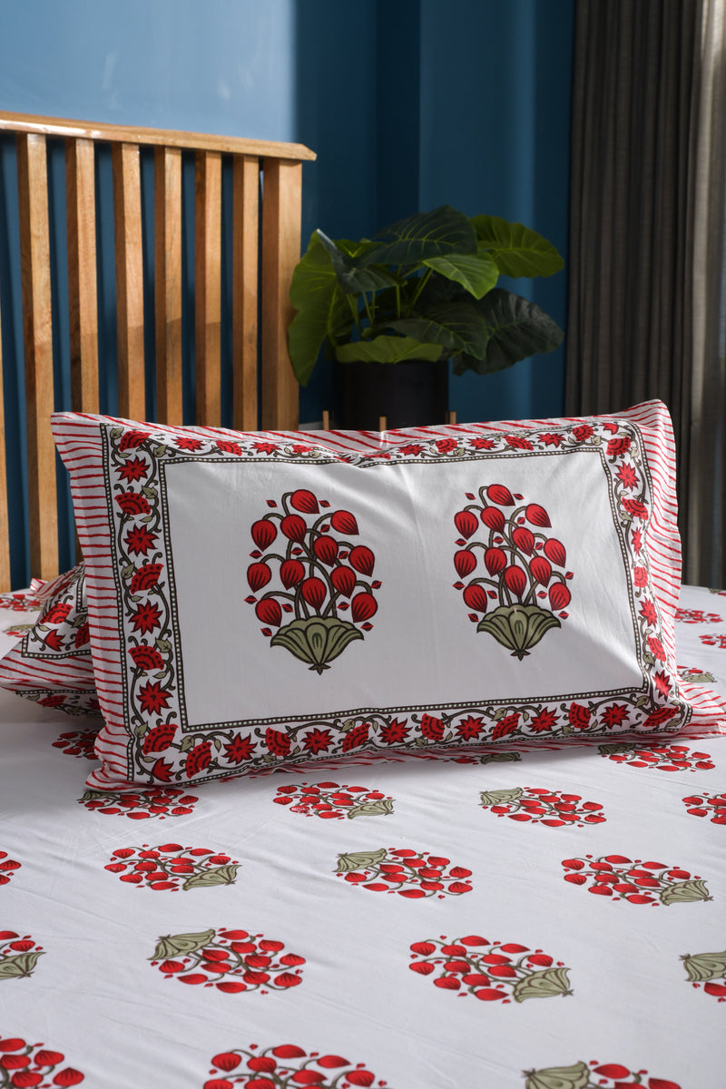 Jaipuri Floral White And Red Superior Quality Queen Size Bedsheet