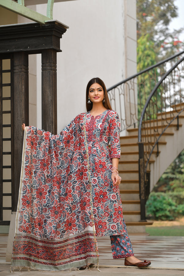 Wildflower Red Handblock Chanderi Dupatta Suit