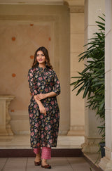 Handblock Chanderi Straight Fit Suit in Bottle Green With Contrast Pink Pant Only