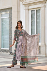 Contrast Front Gather with exquisite Borders Handblock suit set with Chanderi Silk Dupatta