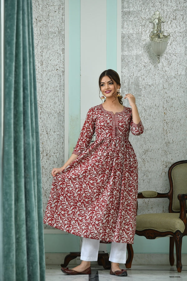 Mesmerizing Maroon Floral Handblock print Kurta with Embroidered White Pant Only