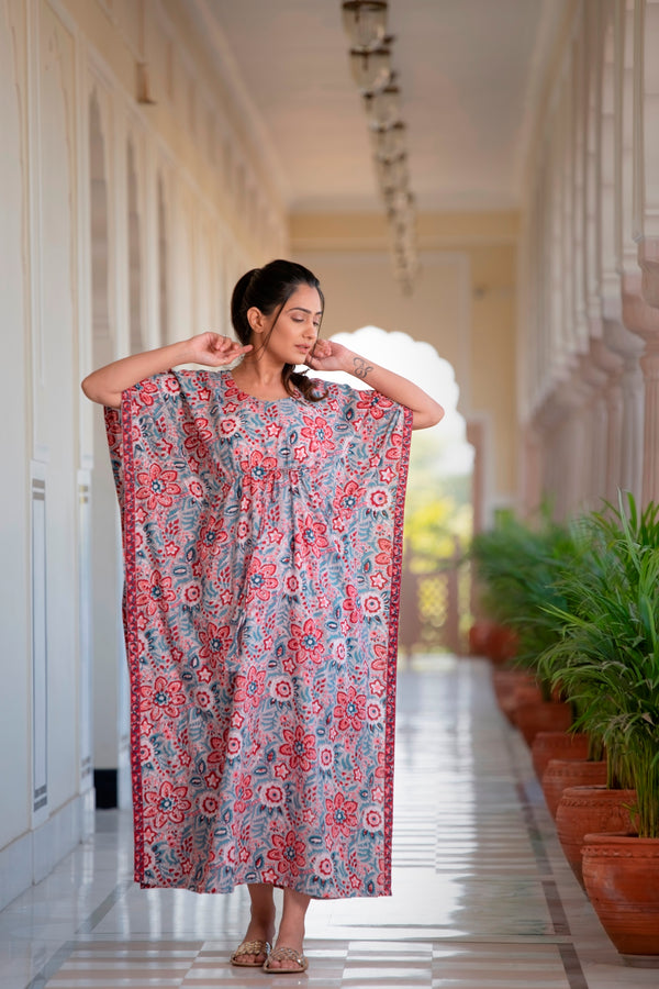 The Reminiscing Red Blossom Hand-block Printed Cotton Kaftan