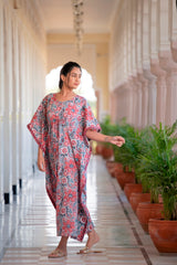 The Reminiscing Red Blossom Hand-block Printed Cotton Kaftan