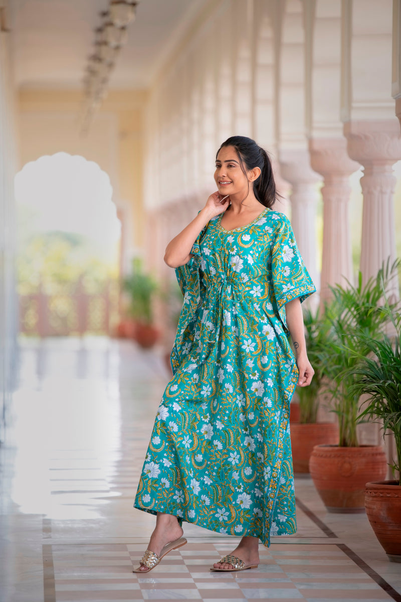 The Soothing Mystical Hued Handblock Printed Cotton Kaftan