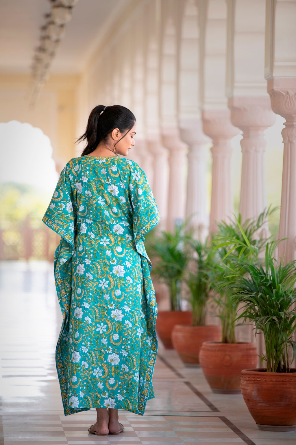 The Soothing Mystical Hued Handblock Printed Cotton Kaftan The Soothing Mystical Hued Handblock Printed Cotton Kaftan