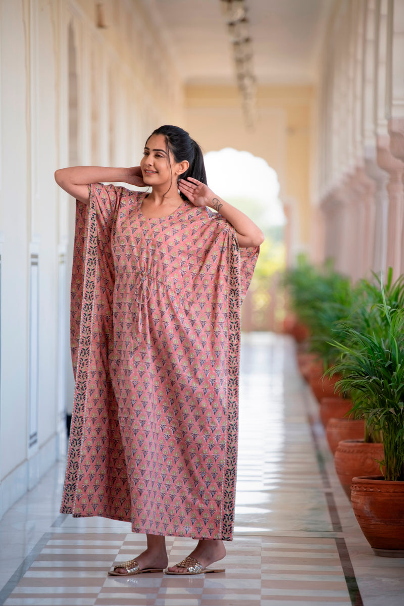 An Easy-Breezy Twilight Pink Cotton Kaftan Dress With Handblock Design