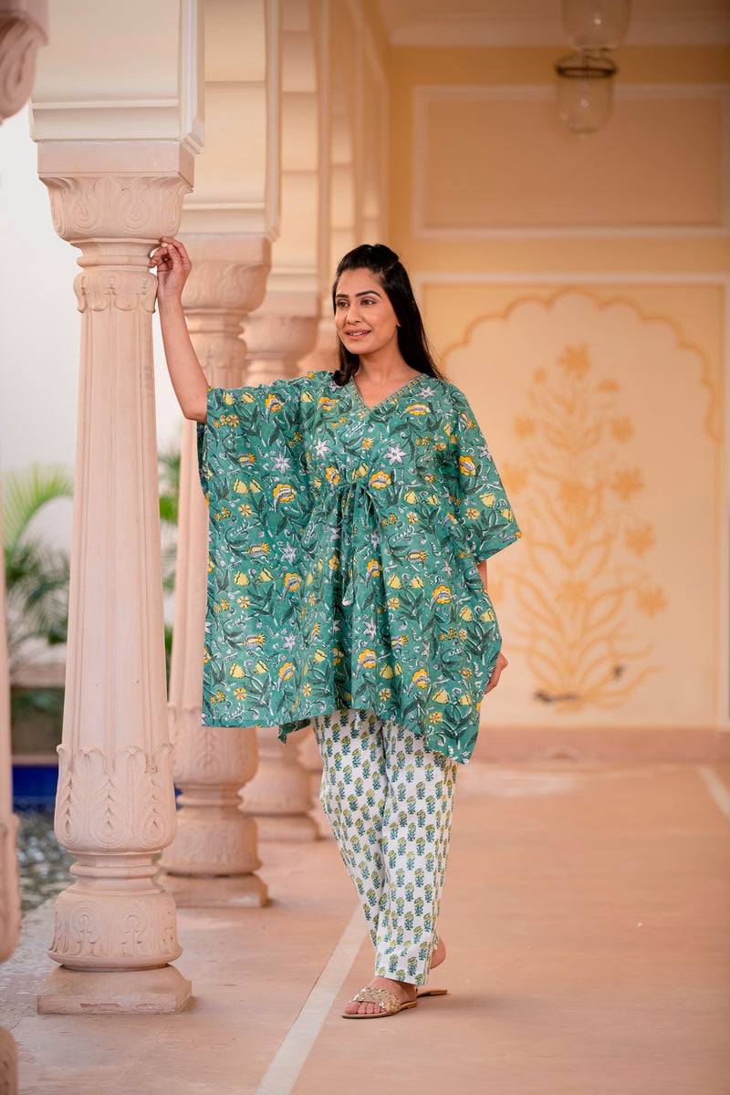 Green and Yellow Blossom Handblock Kaftan Night Suit