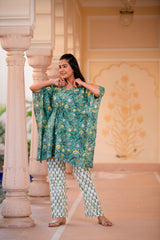 Green and Yellow Blossom Handblock Kaftan Night Suit