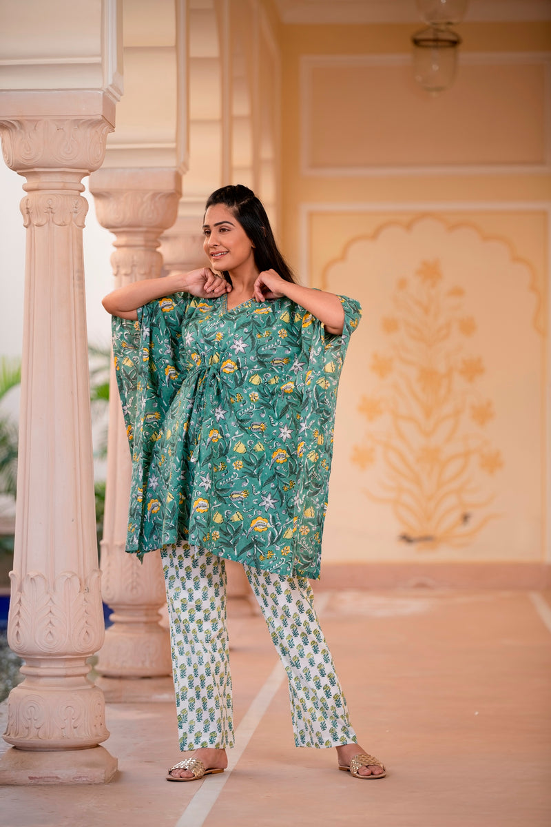 Green and Yellow Blossom Handblock Kaftan Night Suit