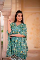 Green and Yellow Blossom Handblock Kaftan Night Suit