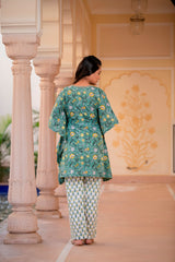 Green and Yellow Blossom Handblock Kaftan Night Suit