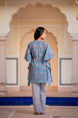 Serene Blue floral Handblock Kaftan Night Suit