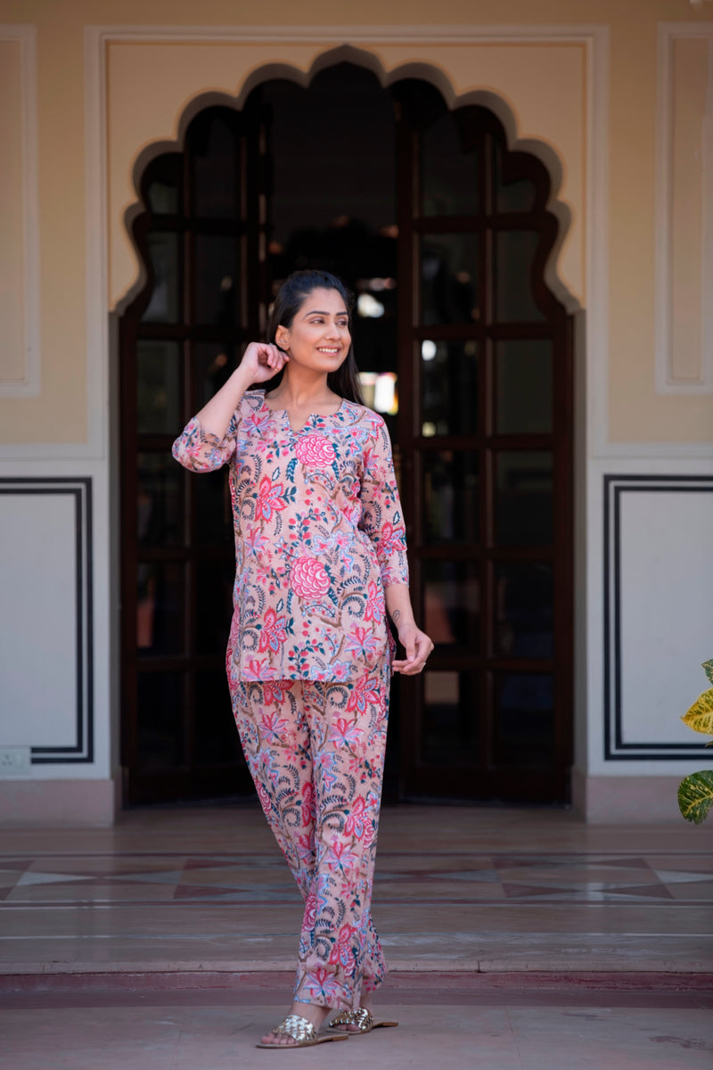 An Eloquent Beige Handblock Cotton Night Suit