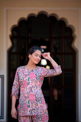 An Eloquent Beige Handblock Cotton Night Suit
