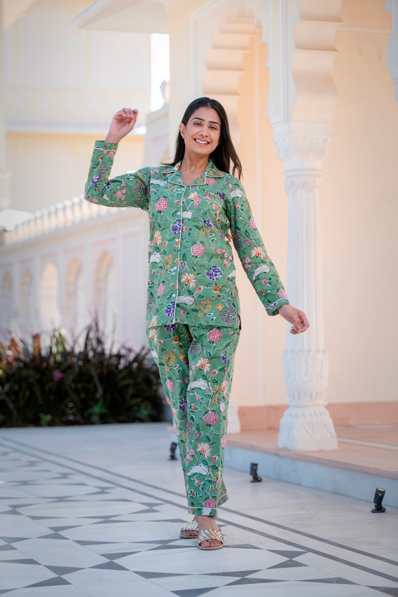 A Tender Green Tone Handblock Cotton Night Suit