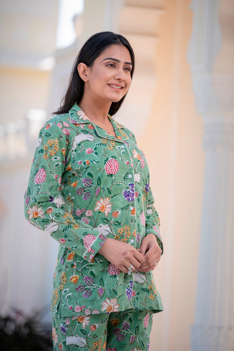 A Tender Green Tone Handblock Cotton Night Suit
