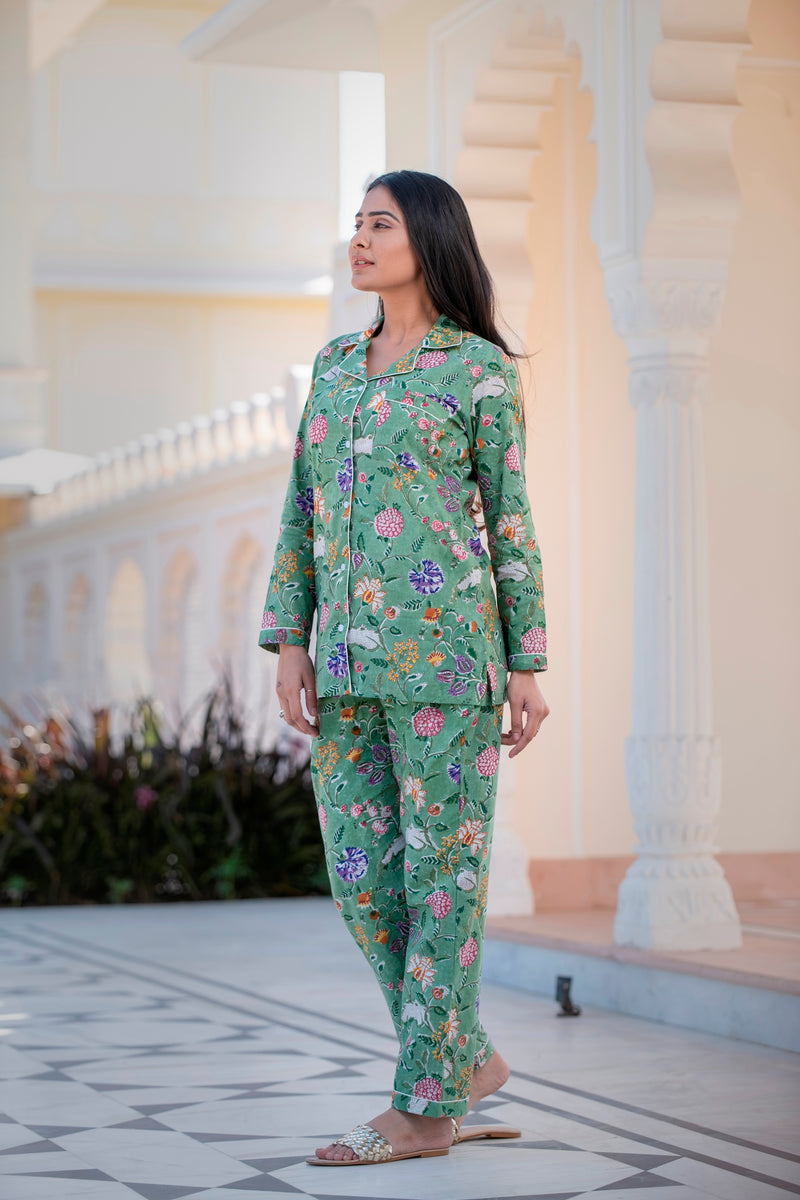 A Tender Green Tone Handblock Cotton Night Suit