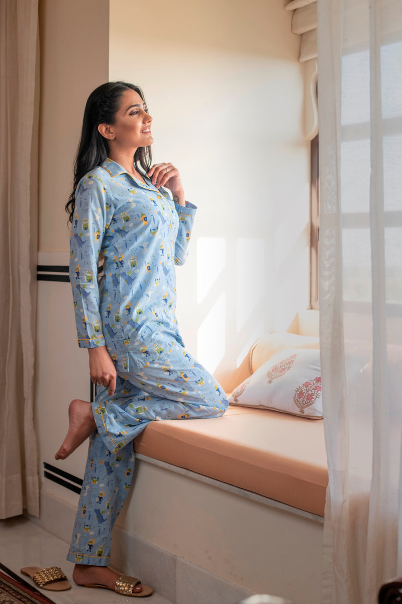 Quirky Blue Cotton Night Suit
