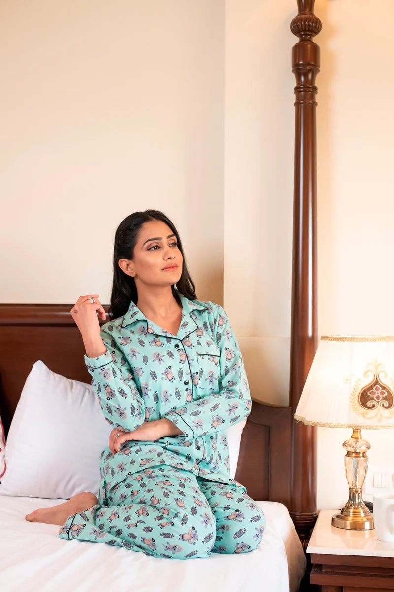 A Hazy Sky Blue Cotton Unstitched Night Suit