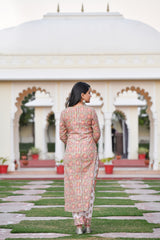 A Ravishing Styled Handblock Cotton Suit Set With Chanderi Dupatta