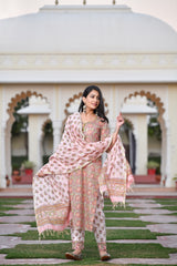 A Ravishing Styled Handblock Cotton Suit Set With Chanderi Dupatta