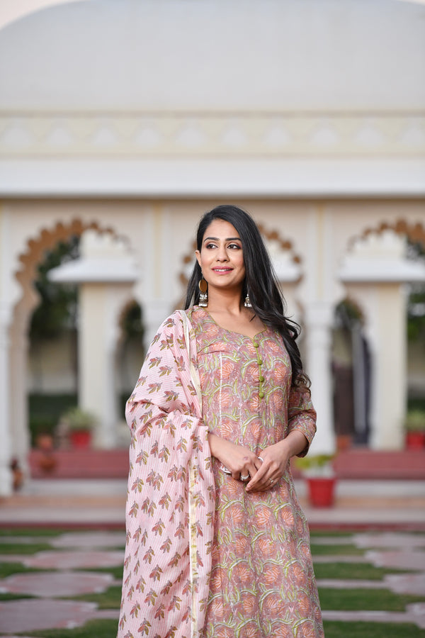 A Ravishing Styled Handblock Cotton Suit Set With Chanderi Dupatta