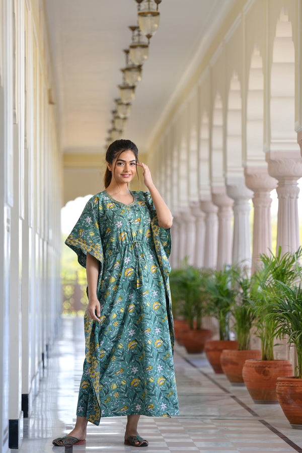 Whimsical Floral Handblock Cotton Kaftan