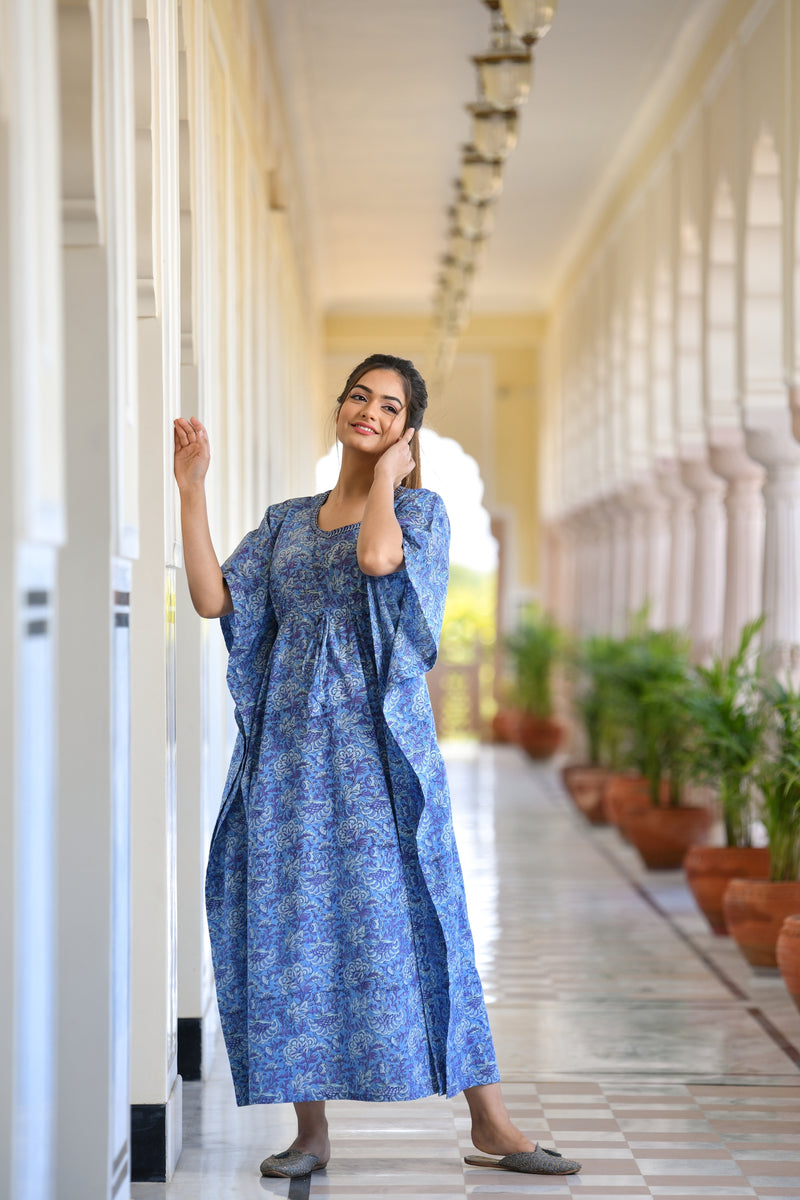 Mesmerizing Blue Handblock Printed Cotton Kaftan