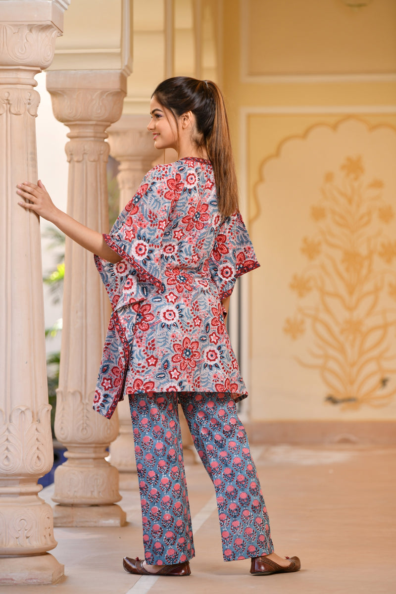 Divinity of Red Florals Handblock Printed Cotton Kaftan Tunic With Pants (Set of 2)