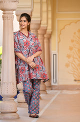 Divinity of Red Florals Handblock Printed Cotton Kaftan Tunic With Pants (Set of 2)