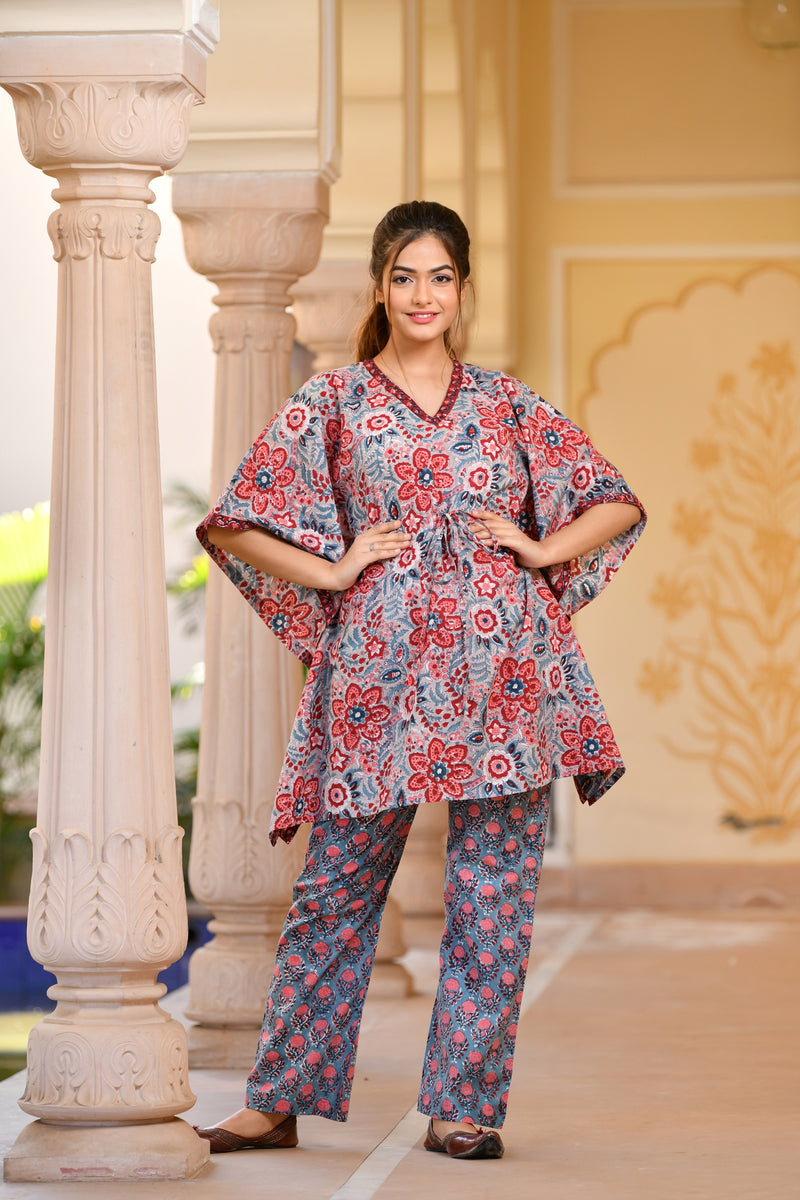 Divinity of Red Florals Handblock Printed Cotton Kaftan Tunic With Pants (Set of 2)
