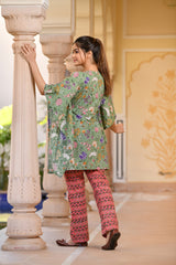 A Tender Tincture Of Green Handblock Printed Cotton Kaftan Tunic In Contrast With Red Pants (Set of 2)