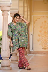 A Tender Tincture Of Green Handblock Printed Cotton Kaftan Tunic In Contrast With Red Pants (Set of 2)