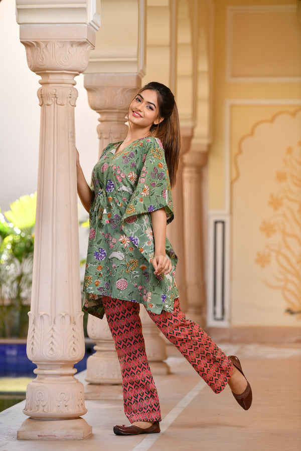 A Tender Tincture Of Green Handblock Printed Cotton Kaftan Tunic In Contrast With Red Pants (Set of 2)