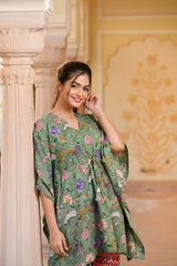A Tender Tincture Of Green Handblock Printed Cotton Kaftan Tunic In Contrast With Red Pants (Set of 2)