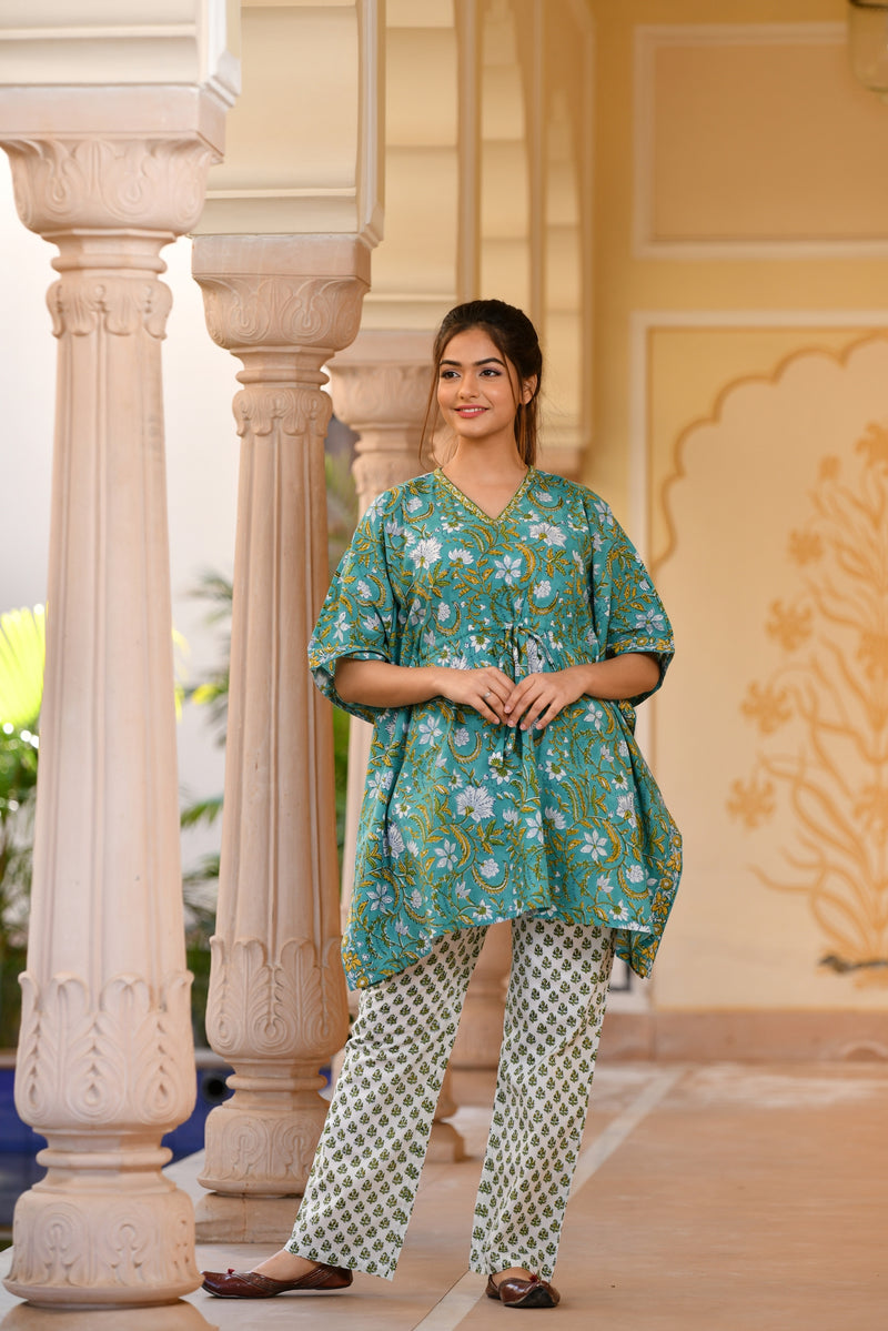 A Playful Green Handblock Printed Cotton Kaftan Tunic With Pants