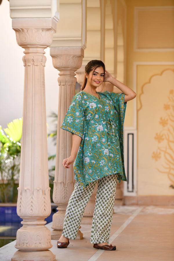 A Playful Green Handblock Printed Cotton Kaftan Tunic With Pants (Set of 2)