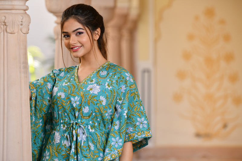 A Playful Green Handblock Printed Cotton Kaftan Tunic With Pants