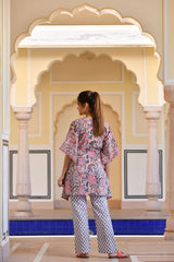 A Distinctively Fragile beige Handblock Printed Cotton Kaftan Tunic With Pants (Set of 2)