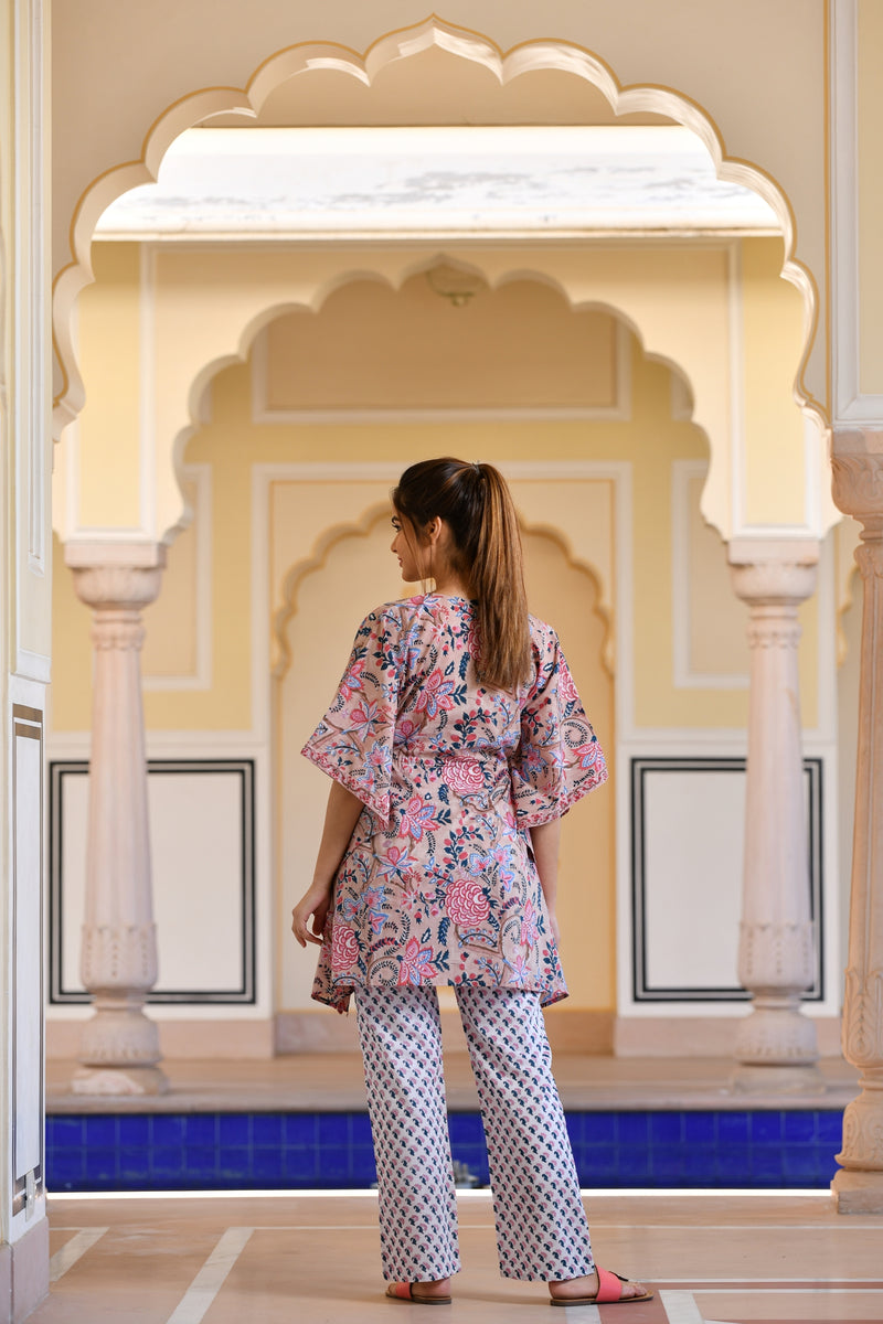 A Distinctively Fragile beige Handblock Printed Cotton Kaftan Tunic With Pants (Set of 2)