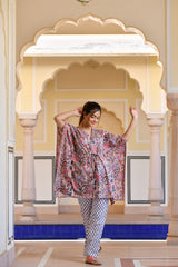 A Distinctively Fragile beige Handblock Printed Cotton Kaftan Tunic With Pants (Set of 2)