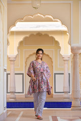 A Distinctively Fragile beige Handblock Printed Cotton Kaftan Tunic With Pants (Set of 2)