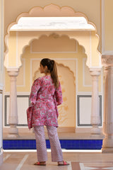 An Exquisitely Attractive Pink Handblock Printed Cotton Kaftan Tunic With Pants (Set of 2)
