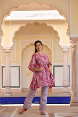 An Exquisitely Attractive Pink Handblock Printed Cotton Kaftan Tunic With Pants (Set of 2)