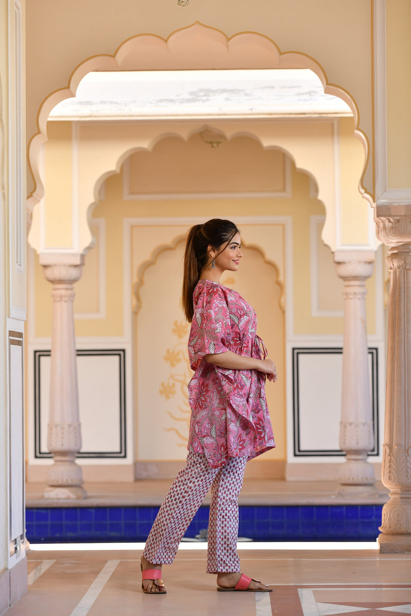 An Exquisitely Attractive Pink Handblock Printed Cotton Kaftan Tunic With Pants (Set of 2)