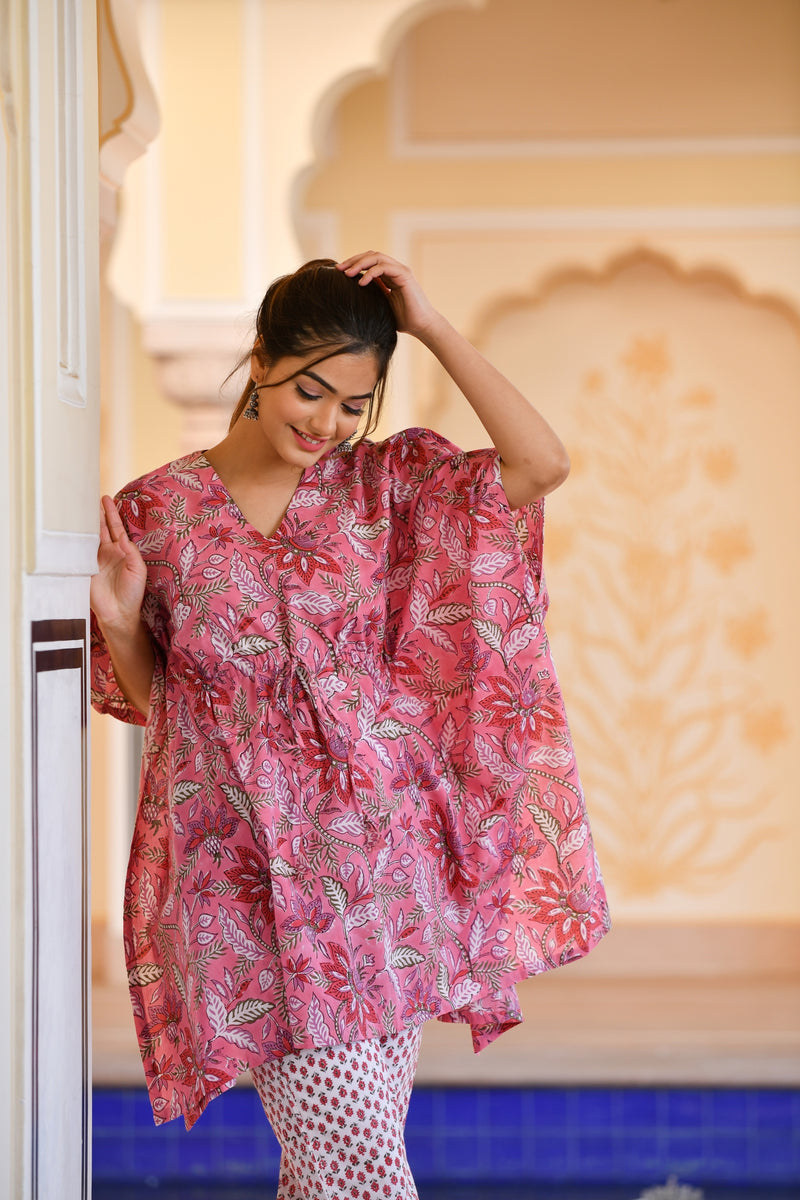 An Exquisitely Attractive Pink Handblock Printed Cotton Kaftan Tunic With Pants (Set of 2)