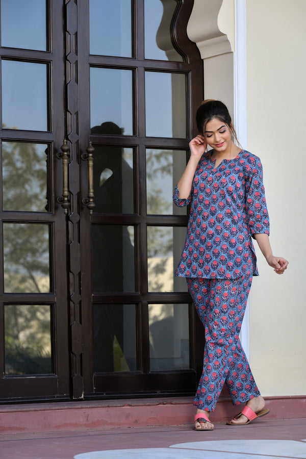 A Royal Hued Handblock Cotton Night Suit